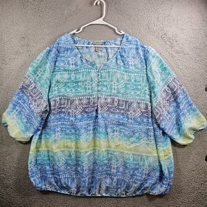 Catherines Top Women 3X 26 28 Lightweight 3/4 Sleeve Geometric Blue Purple White